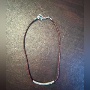 Brighton red burgundy leather necklace with silver bar etched flowers